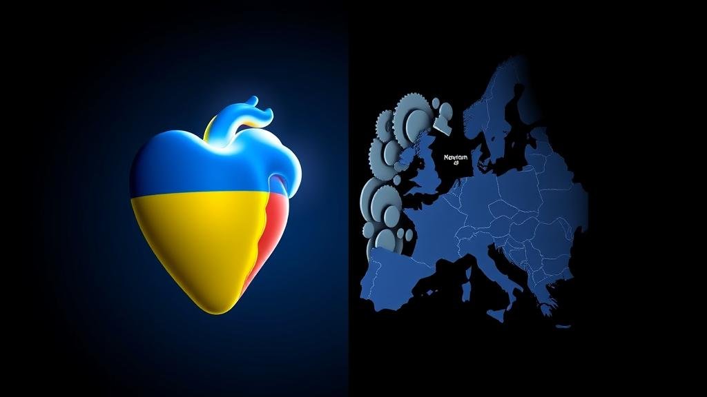 A symbolic representation of the G7's dilemma: a split image depicting a classic head-versus-heart conflict on a global scale. On one side, a glowing heart with the colors of the Ukrainian flag, symbolizing the moral imperative to help. On the other side, a complex brain made of gears and maps of European nations, representing the pragmatic and cautious risk assessment.