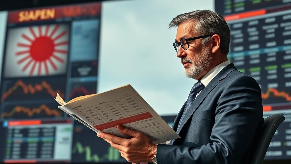 An image of a prudent investor calmly reviewing a diversified portfolio amidst a backdrop of news headlines about the Bank of Japan, symbolizing financial preparedness.