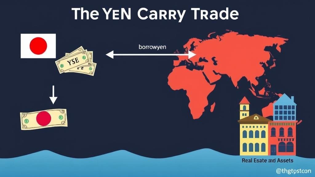 A visual representation of the yen carry trade, showing a flow of Japanese yen being borrowed at low interest and then converted into higher-yielding international assets like stocks and real estate.