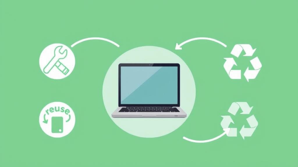 A graphic representation of the circular economy concept, showing repair, reuse, and recycling icons around a modern device.