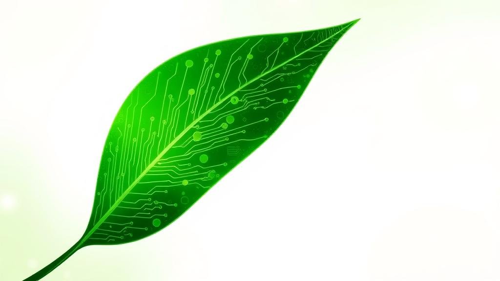 A digital illustration of a glowing green leaf with intricate circuit board patterns, symbolizing the fusion of nature and technology.