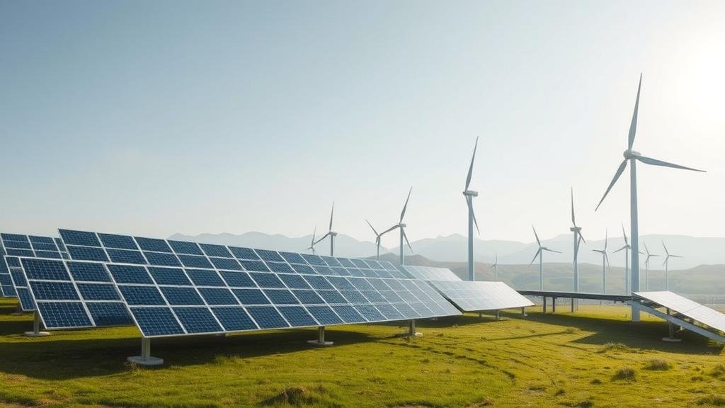 A panoramic shot of a futuristic landscape showcasing advanced solar panels and sleek wind turbines integrated seamlessly into the environment.