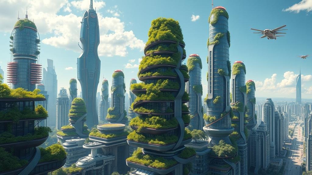 An inspiring image of a futuristic, sustainable city with lush green skyscrapers and advanced transport, showing harmony between humanity and nature.