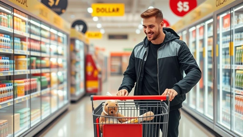 A stylishly dressed person in designer activewear confidently pushes a shopping cart down the aisle of a brightly lit dollar store.
