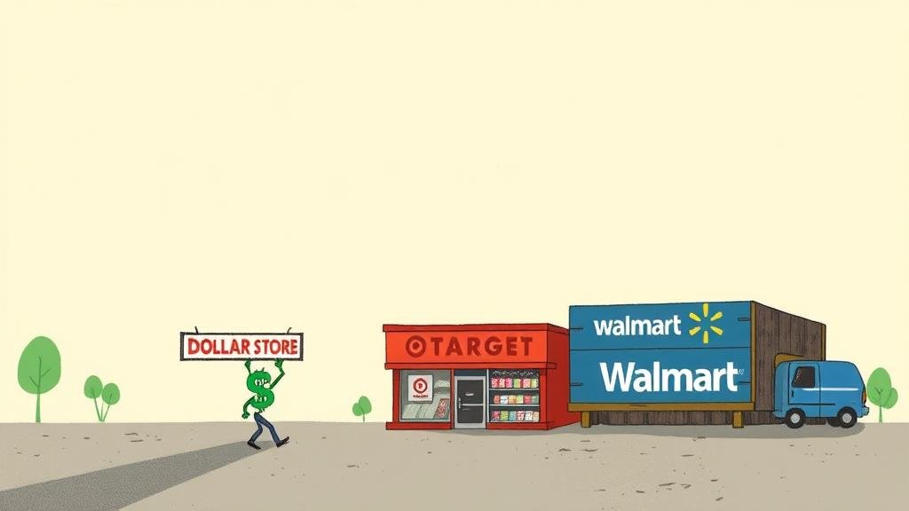 An illustration showing a small dollar store standing strong and casting a large shadow over nervous-looking big-box retail giants like Target and Walmart, depicting the disruption in the retail landscape.