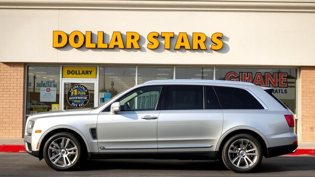 A luxury SUV parked outside a dollar store, symbolizing the unexpected trend of high-income shoppers seeking bargains.