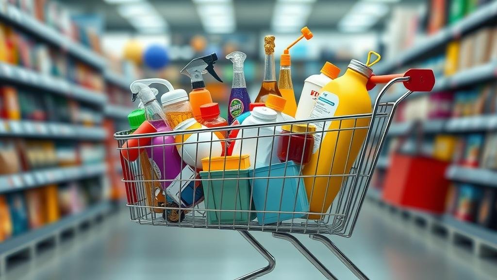 A shopping cart filled with a mix of everyday essentials and fun, quirky items, illustrating the new consumer definition of 'value' that combines practicality, affordability, and a fun experience.