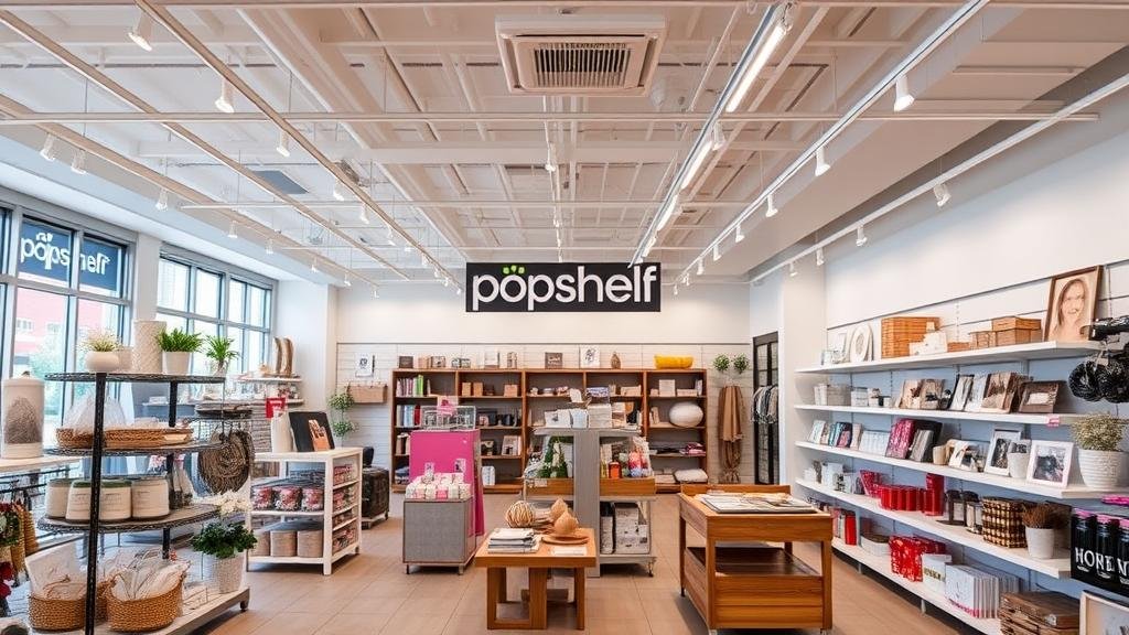 The interior of a newly designed discount store, featuring the modern and trendy 'pOpshelf' concept with stylish home decor, seasonal items, and a clean, organized layout.