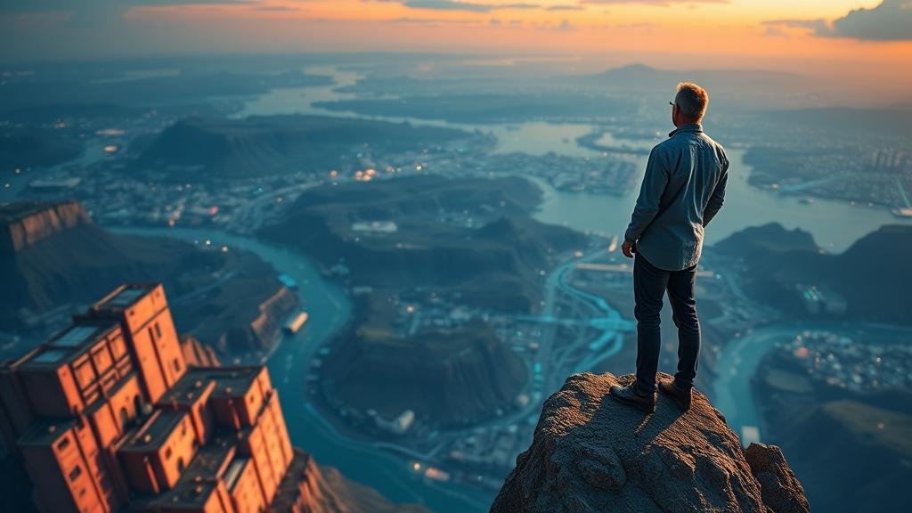 A visionary leader, reminiscent of Sam Altman, stands on a precipice overlooking a vast, futuristic landscape. This landscape seamlessly blends the digital and physical worlds, with holographic interfaces, advanced robotics, and data streams flowing like rivers. The figure's gaze is fixed on the horizon, symbolizing grand ambitions beyond current technology.