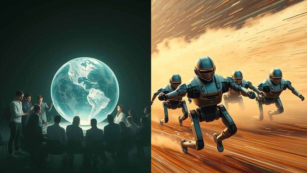 A split-screen image creating a stark contrast. On one side, a bright, optimistic scene of diverse individuals collaboratively working on a glowing, transparent sphere representing open and ethical AI. On the other side, a darker, more chaotic scene depicts an 'AI arms race'—sleek, metallic robots in a frantic, high-speed race, kicking up dust and digital debris.