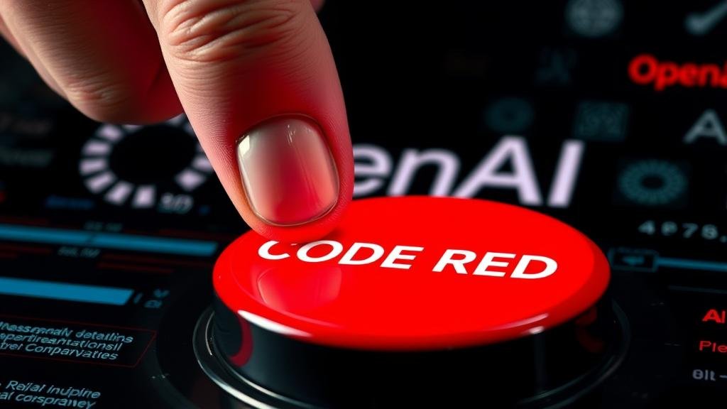 A dramatic, high-stakes image of a red button labeled 'CODE RED' being pressed by a hand. In the background, the OpenAI logo is visible, slightly obscured by digital static. Reflections on the button show distorted logos of rival companies, symbolizing intense competitive pressure. The overall mood is urgent and critical.