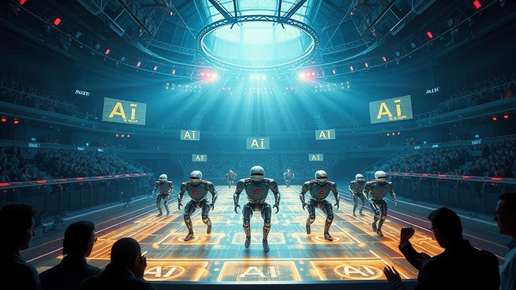 An epic, stylized depiction of a futuristic 'AI Thunderdome.' In the center, a glowing, holographic arena showcases abstract robotic figures mid-race, each bearing a unique, fictional AI logo. The stands are filled with shadowy figures, and the air crackles with digital energy, capturing the fierce competition for AI supremacy.