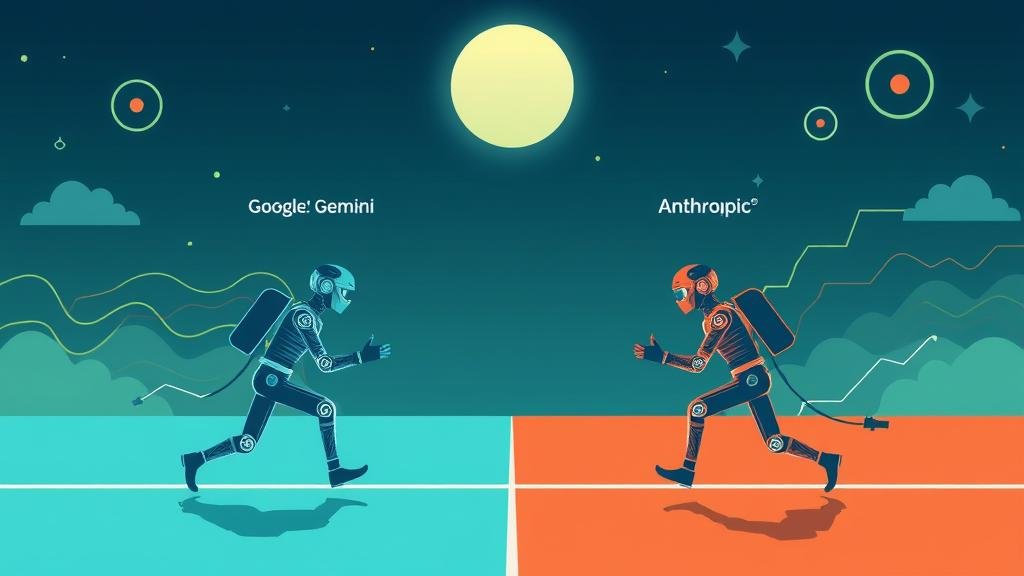 A visual depiction of the competitive AI landscape, showing rivals like Google's Gemini and Anthropic's Claude as formidable challengers in a race.