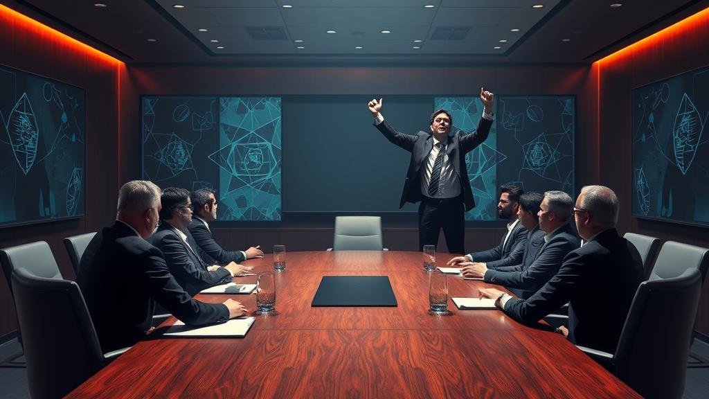 A dramatic boardroom scene illustrating corporate conflict and a leader's triumphant return, symbolizing the OpenAI leadership turmoil.