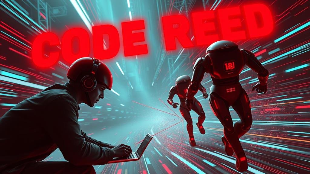 An image representing the 'Code Red' mandate, with developers in a high-speed sprint to accelerate AI development and reassert dominance.
