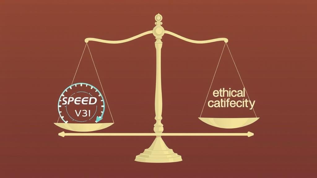 A symbolic representation of the core tension between speed and safety in AI, showing a scale balancing rapid innovation against ethical caution.
