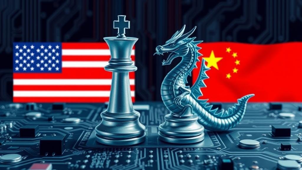 A stylized image of chess pieces on a circuit board with U.S. and Chinese flags, representing the US-China digital cold war.