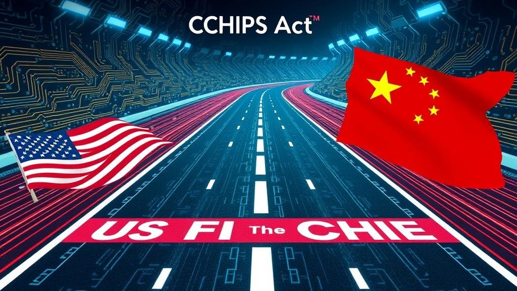 A dynamic image of a racetrack made of circuitry with U.S. and China lanes racing to a finish line labeled 'The Future'.