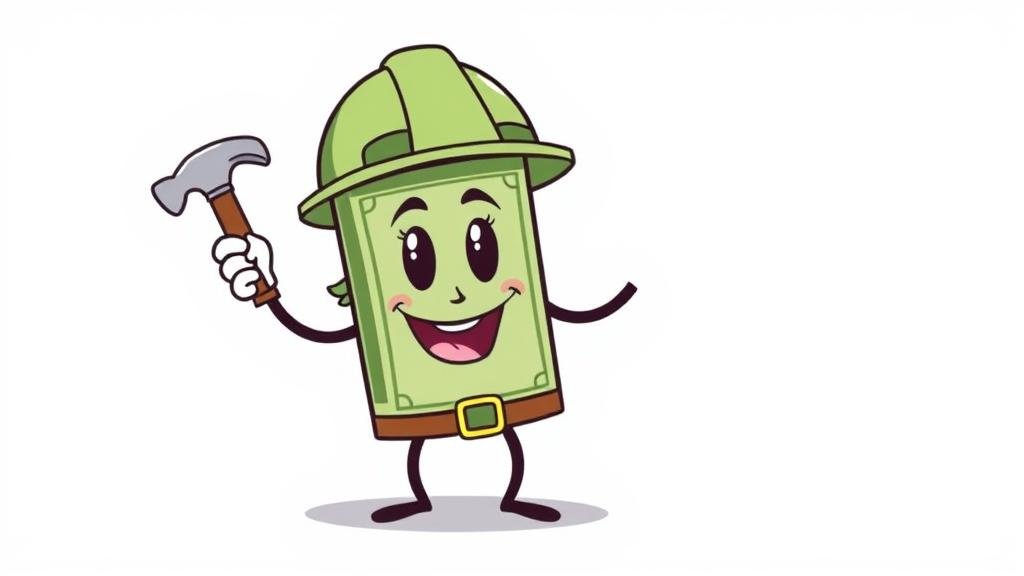 A cartoon dollar bill with a hard hat, symbolizing putting money to work.