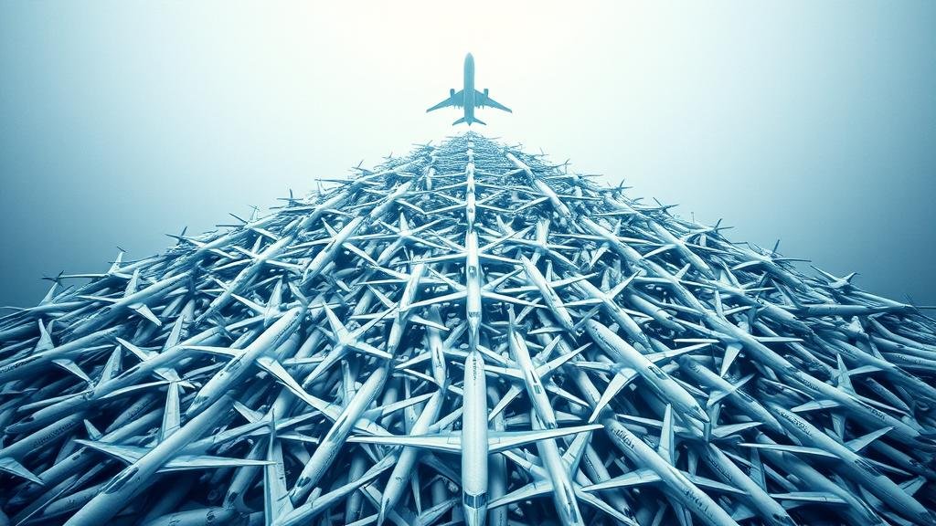 A mountain of undelivered commercial aircraft, symbolizing the ambitious goal of 800 deliveries in a single year amidst surging demand and a record backlog.