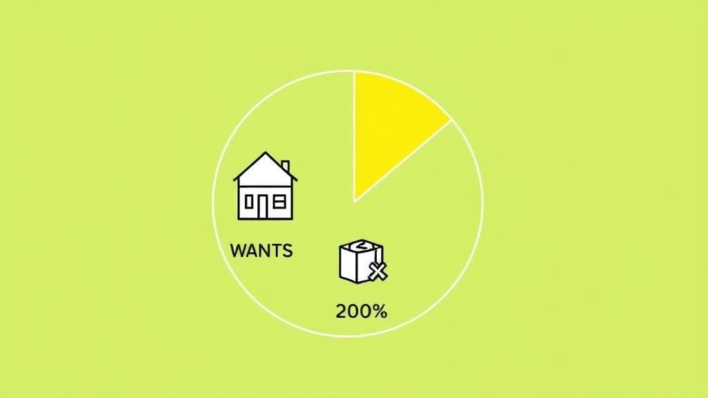 A pie chart divided into 50%, 30%, and 20% sections with icons for needs, wants, and savings.