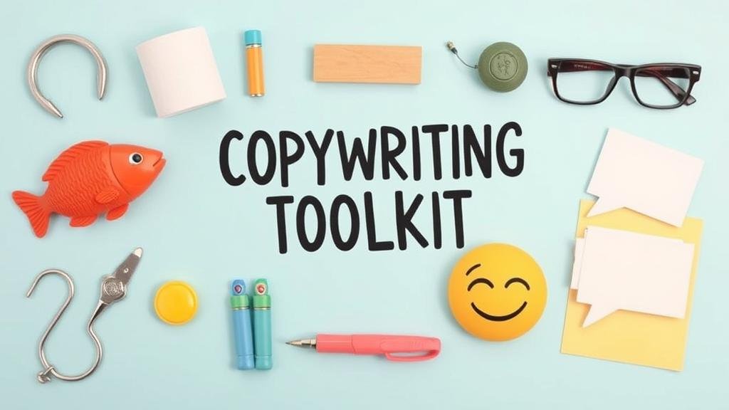 A 'copywriting toolkit' for humor, showing quirky items like a fish hook for a strong opening, a winking emoji, and speech bubbles.