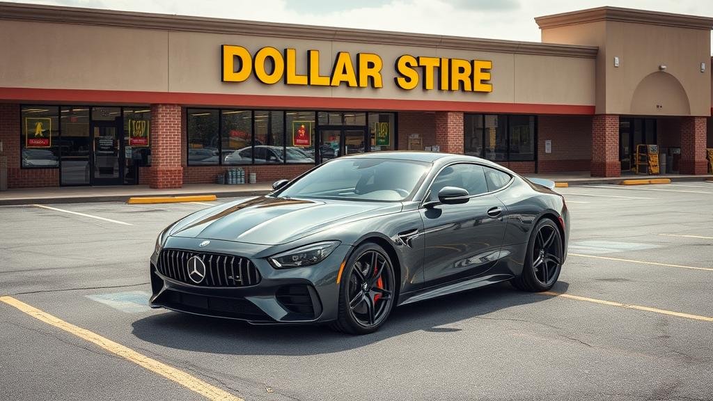 A high-end luxury car parked prominently in a dollar store parking lot, creating a stark and surprising contrast with the store's budget-friendly reputation.