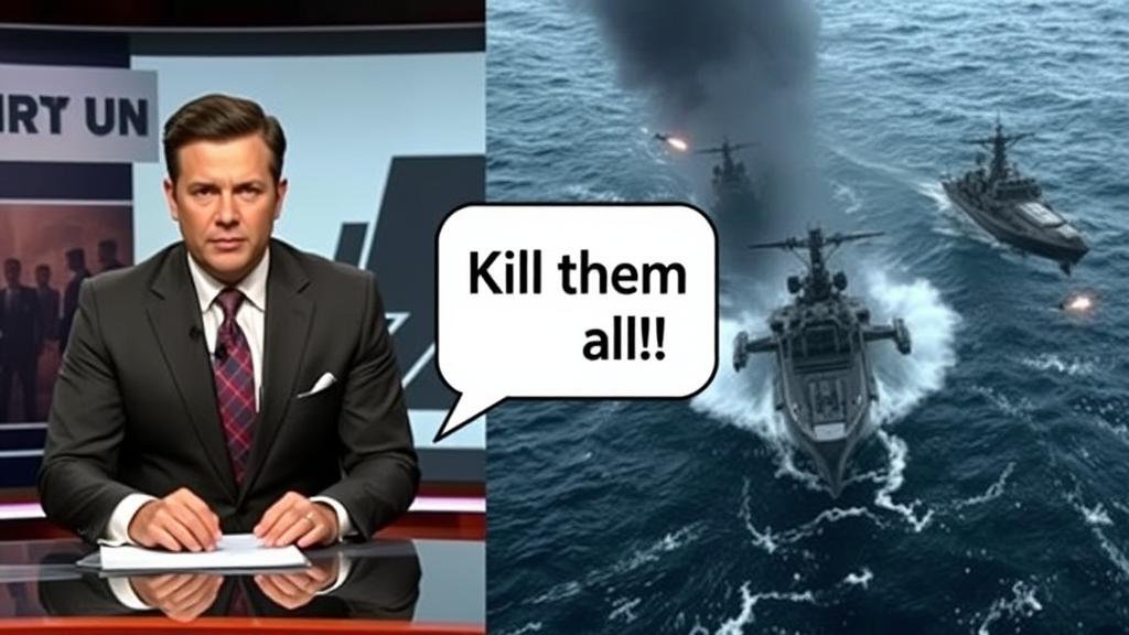 A split-screen image. On one side, a news anchor in a suit in a studio. On the other side, a chaotic scene of military action at sea, with a quote bubble saying 'Kill them all!'.