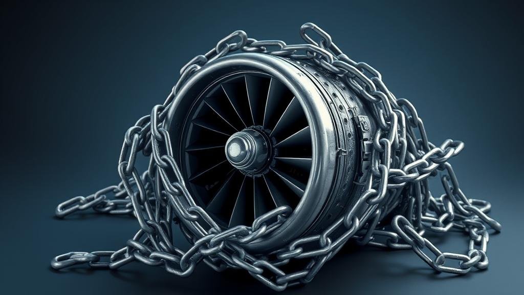 A tangled and broken chain encircling an aircraft engine, representing the persistent challenges and bottlenecks in the global supply chain, particularly with engine manufacturers like Pratt & Whitney.