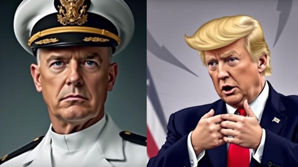 A split image of a stoic admiral and a stylized depiction of Donald Trump and Pete Hegseth in a heated discussion, representing political entanglement.