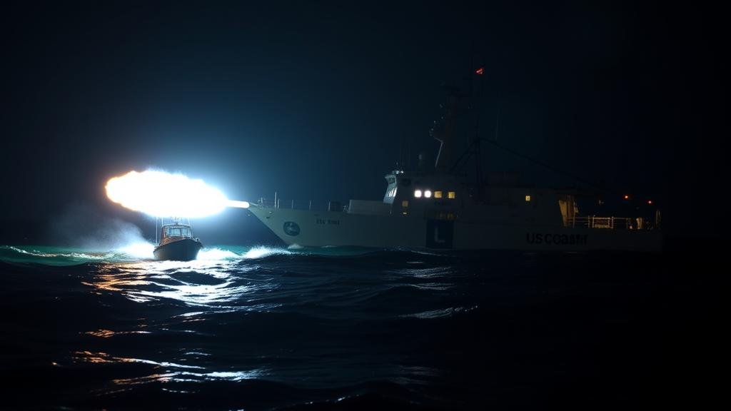 A dramatic nighttime scene in the Caribbean Sea showing a US Coast Guard vessel opening fire on a smaller, suspicious boat, capturing the intensity of the military operation.
