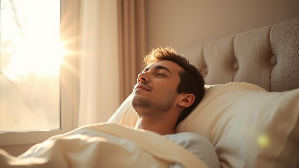 A person waking up peacefully with the sun shining through the window, conveying a sense of calm and purpose. Filename: peaceful-awakening.jpg