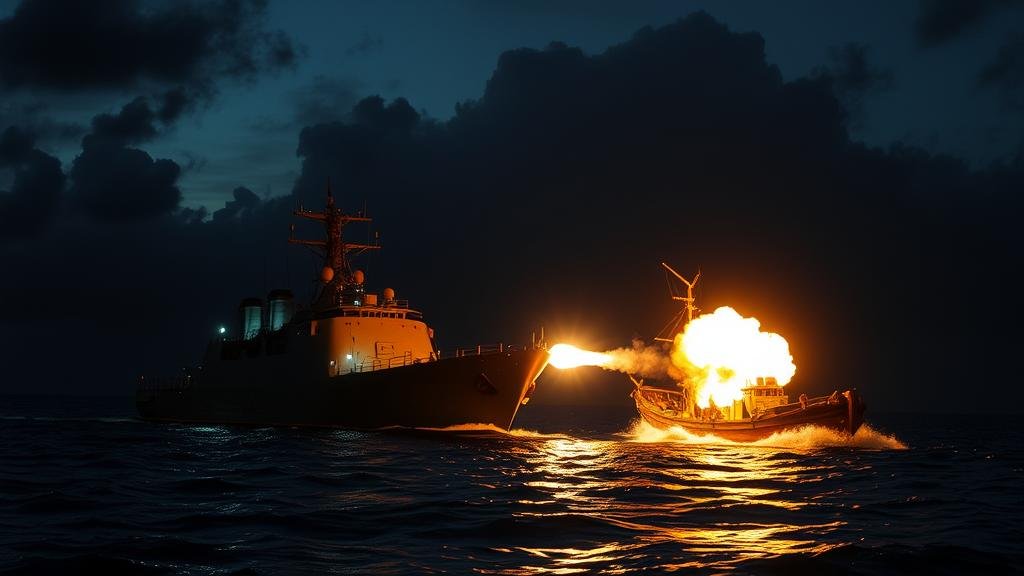 A dramatic nighttime scene in the Caribbean with a military ship firing on a smaller, disabled vessel, causing an explosion.