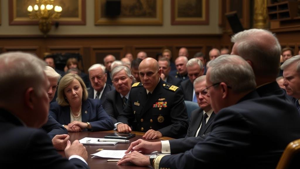A tense, crowded congressional hearing room where a high-ranking military admiral is being questioned by stern-faced lawmakers.