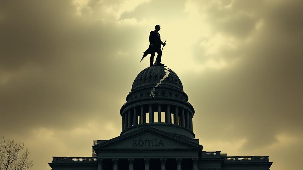 A shadowy figure of a political leader standing atop a crumbling government building, representing the erosion of public trust and a broken chain of command.