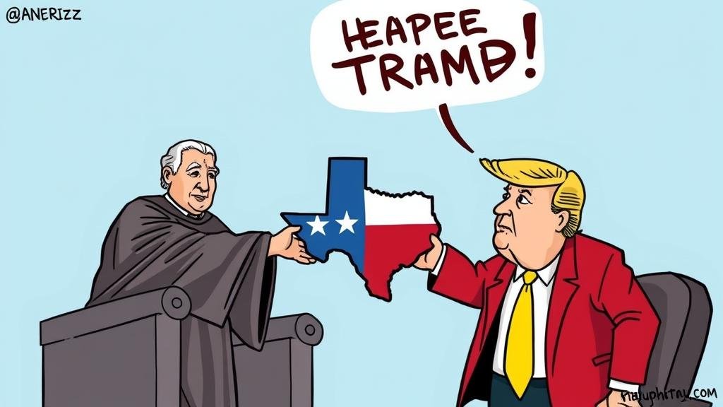 A political cartoon depicting the Supreme Court handing a gerrymandered map of Texas to a celebrating Donald Trump.