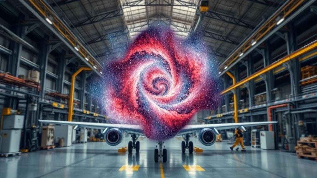 An abstract image of a 'cosmic distraction,' like a nebula or galaxy, unexpectedly appearing in an aircraft manufacturing facility, symbolizing the random, last-minute issues that can disrupt production.