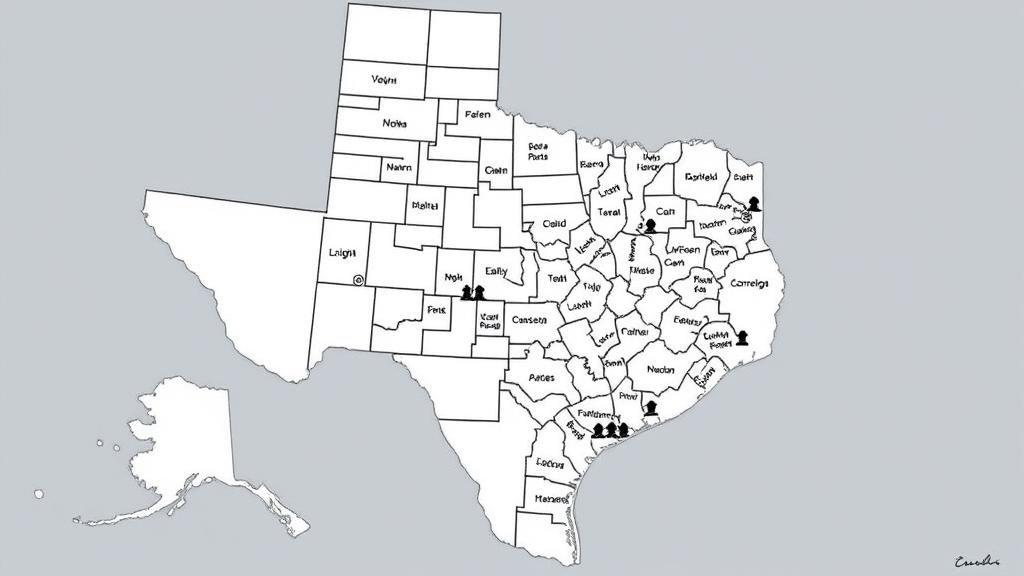 An illustration of a Texas map being drawn with bizarre, squiggly lines by politicians, violating the Voting Rights Act by 'packing' and 'cracking' communities.
