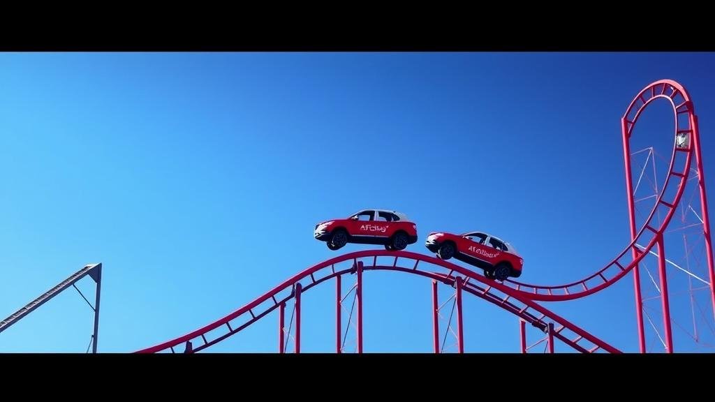 An image depicting a roller coaster track shaped like a stock market graph, with cars labeled 'AI Stocks' teetering at the peak, symbolizing sky-high valuations and the fear of a crash.