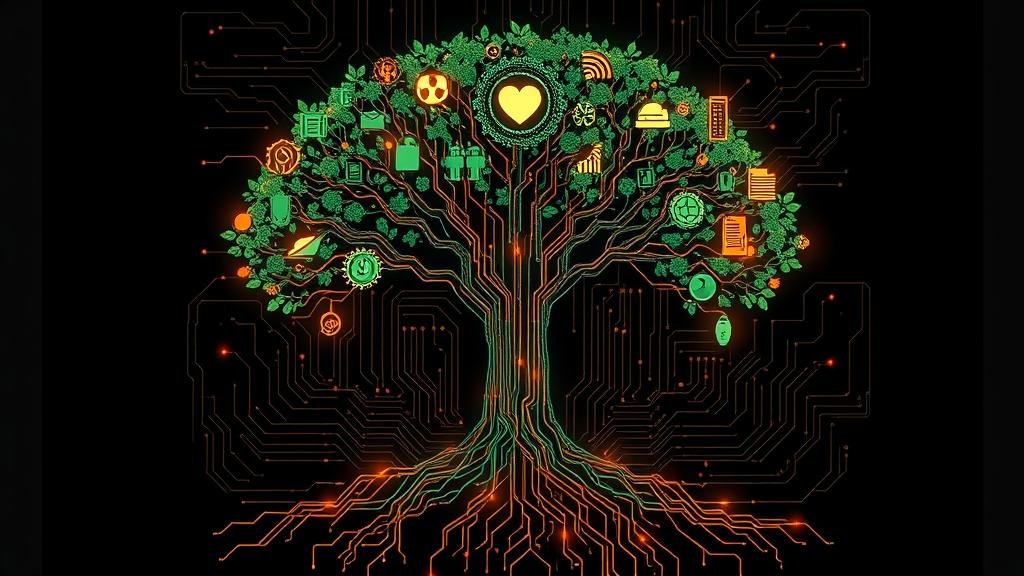 An image of a strong, healthy tree with roots made of glowing circuits, bearing fruit in the form of different industry icons (healthcare, finance, manufacturing), illustrating how AI is a foundational technology with real-world applications and revenue.