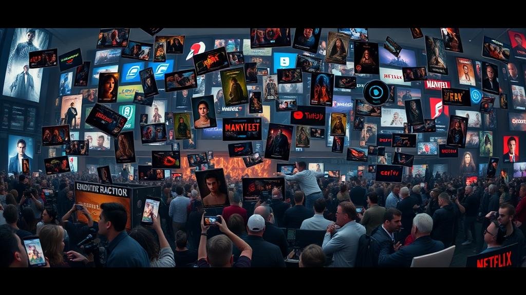 The aftermath of media consolidation, showing a chaotic scramble of movie and TV show franchises being split and reorganized between different streaming services, directly impacting the viewer's watchlist.