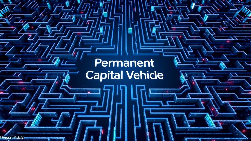 A high-tech, glowing maze representing a complex financial structure, with the words 'Permanent Capital Vehicle' at the center. This symbolizes the groundbreaking and intricate nature of the Kushner deal.