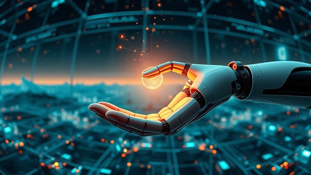 A panoramic image of a futuristic digital landscape with a human hand and a robotic hand co-creating a glowing piece of content, symbolizing the synergy between human creativity and AI in content creation.