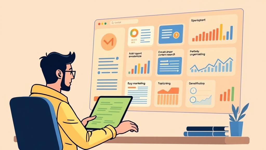 An illustration of a busy marketer using a central AI dashboard that streamlines various content creation tasks like keyword research, topic generation, and performance analytics.