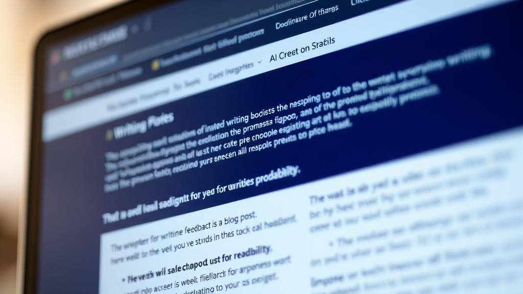 A close-up shot of a computer screen displaying an AI-powered writing assistant providing real-time feedback on a blog post for grammar, tone, and readability.
