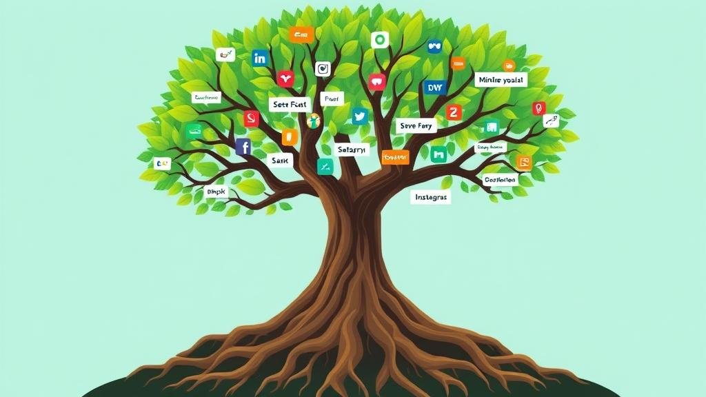 A large, vibrant tree with deep roots, where each leaf represents a successful tech company like Instagram or Slack. The tree symbolizes the evergreen nature of Thrive Capital's fund, designed for long-term growth and stability.