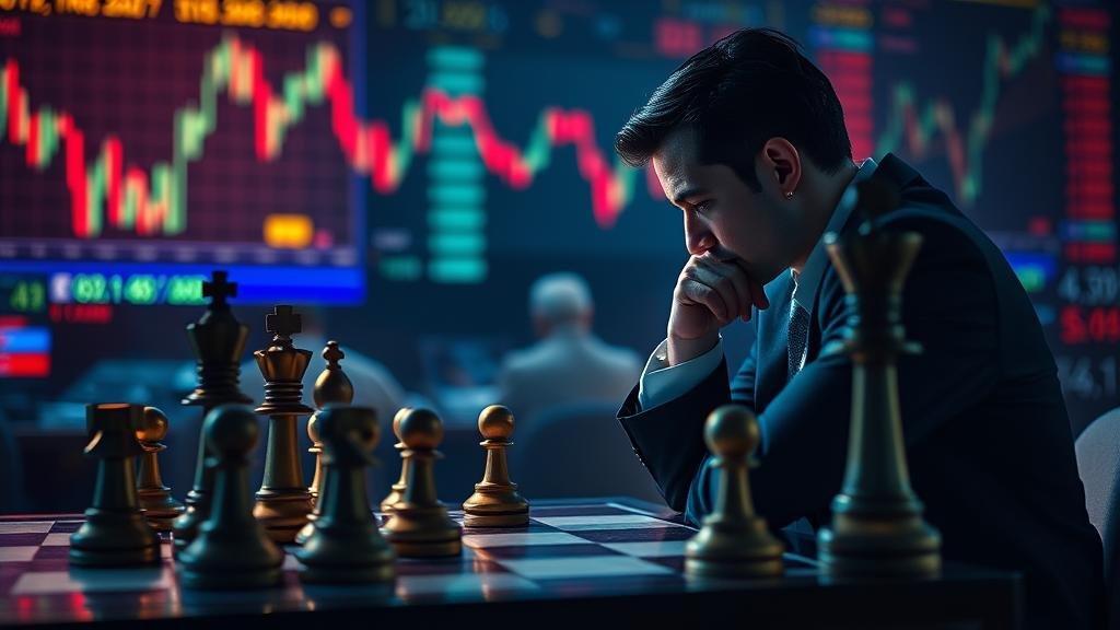 A grandmaster chess player contemplating a move, with stock market tickers superimposed, symbolizing the strategic motives behind financial leaks.