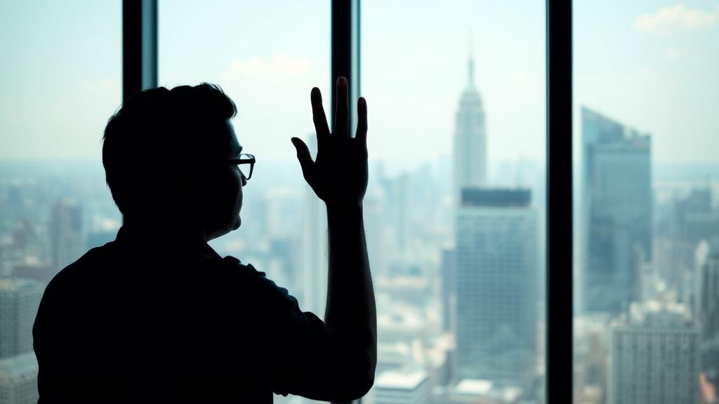 A person's silhouette wiping fog from a window to reveal a clear view of a financial district, symbolizing clarity and understanding in financial news.