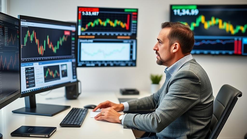 A calm, analytical investor at a modern desk reviewing financial charts on multiple screens, representing a thoughtful investment strategy.
