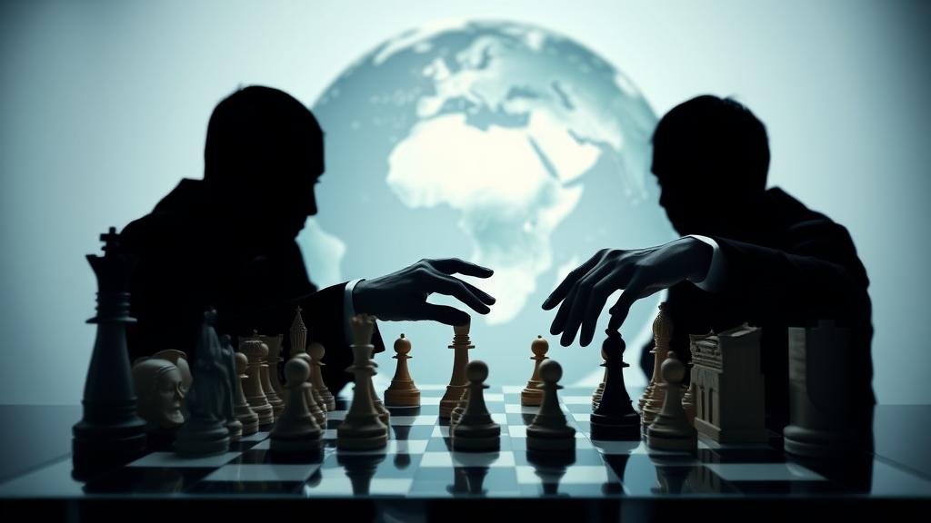 geopolitical-chess.jpg A symbolic image representing international diplomacy with a chessboard set with world monuments as pieces. Two shadowy figures contemplate a move, symbolizing a strategic diplomatic maneuver.
